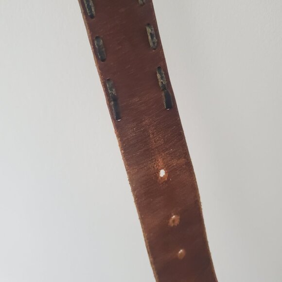 Vintage ASK Brown Leather Belt Black Contrast Stitch Silver Tone Buckle Unisex - Picture 10 of 10